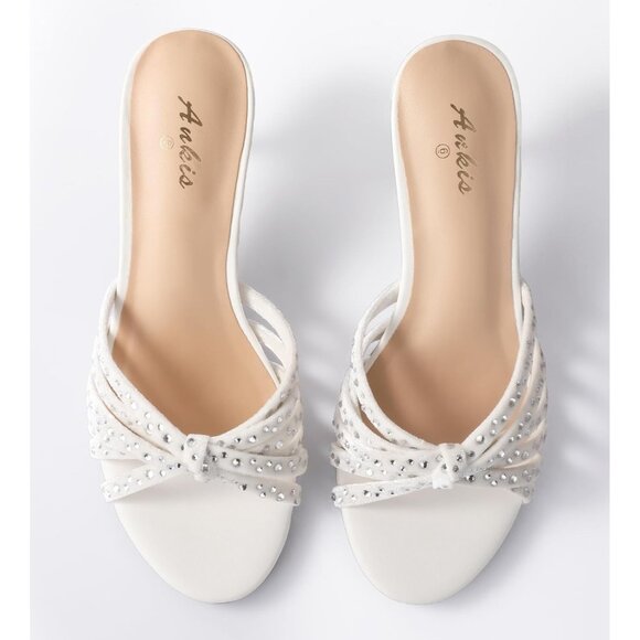 White Suede Heels for Women's Strappy Low Kitten Heels Open Toe Dress Sandals - Picture 3 of 7